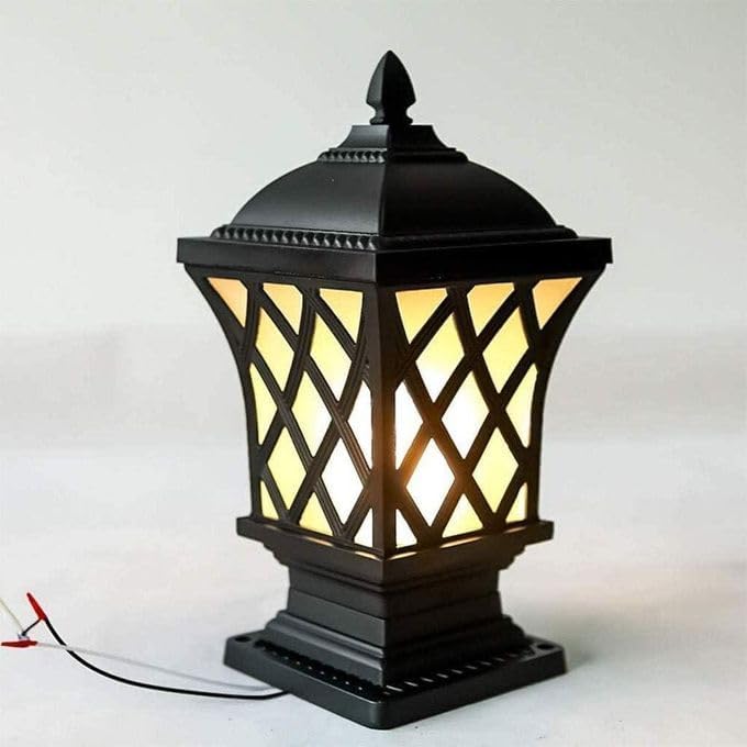Outdoor Traditional Garden Post Light, LED Light, Black Grid Design, Suitable for Pathway and Patio, Material: Aluminum-ضوء عمود حديقة تقليدي خارجي، ضوء LED، تصميم شبكي أسود، مناسب للممرات والفناء، المادة: ألمنيوم