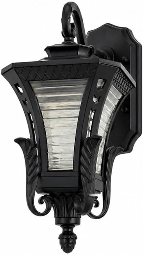 Outdoor Wall Lantern, Black, Traditional Style, Clear Ribbed Glass, Decorative Scroll Design