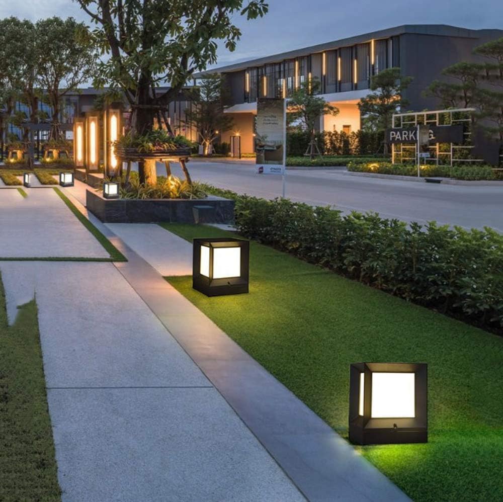 Outdoor Cube Pillar Light, Black with White Housing